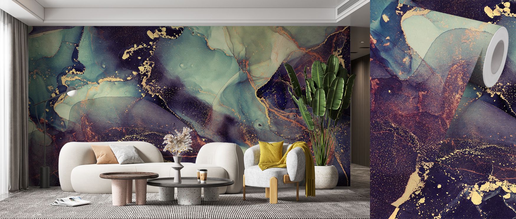Free-Flow Ink Purple Wallpaper reflects expressive charm, patterns painted in luminous purple hues. Offices or bedrooms glow with modern elegance, refined calm, and creative artistry, surrounding interiors with balance and artistic brilliance. 