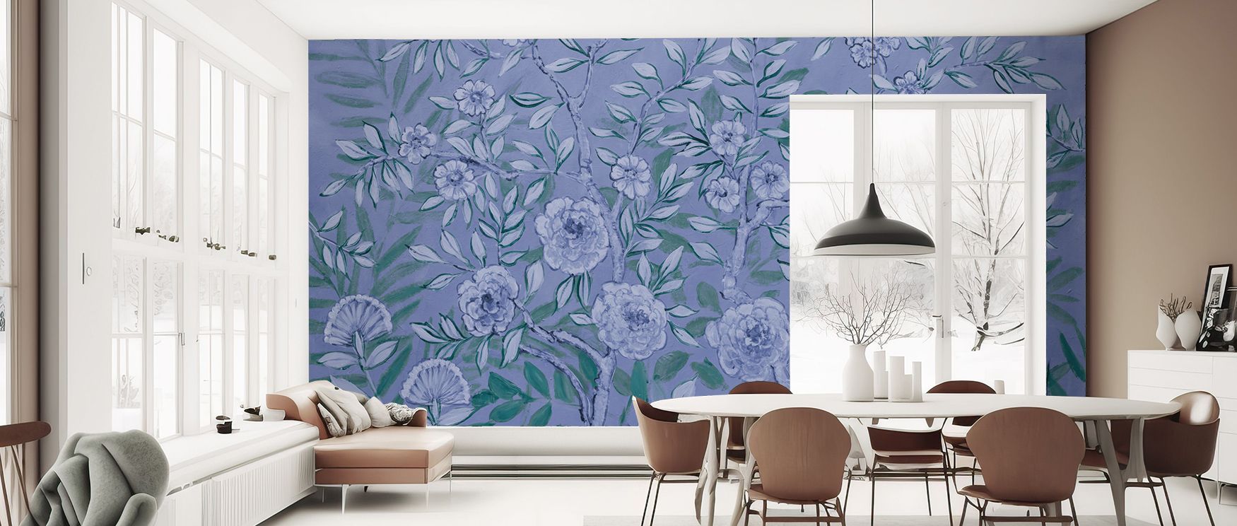 Soft artistry fills French Garden Blue Green Wallpaper, blossoms painted in rhythmic layers of blue and green. Dining rooms or bedrooms glow with serene balance, refined charm, and timeless atmosphere, enriching interiors with natural calm. 