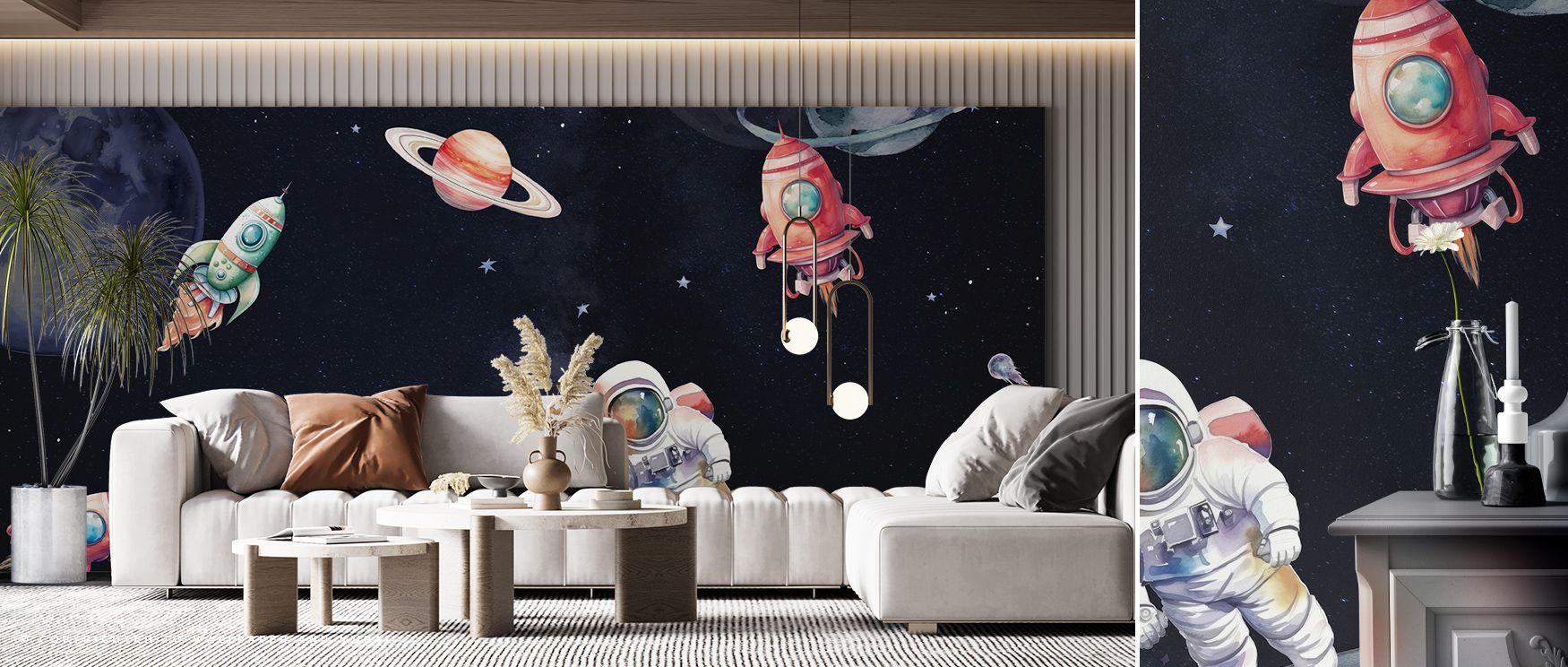 Cosmic vibrancy shines in Galactic Explorer Dark Wallpaper, planets painted in layers of luminous tones. Nurseries or children’s rooms glow with imaginative atmosphere, playful charm, and creative brilliance, enriching interiors with wonder and artistic p