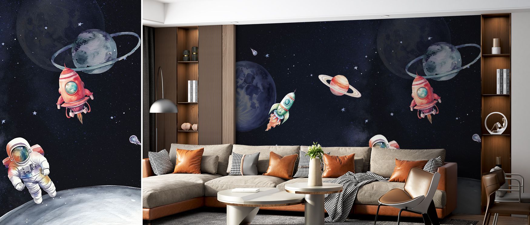 Galactic Explorer Dark Wallpaper enriches interiors with planets and stars glowing in rhythmic harmony. Playful living spaces or nurseries shine with imaginative presence, curiosity, and cosmic charm, surrounding walls with energy and wonder. 