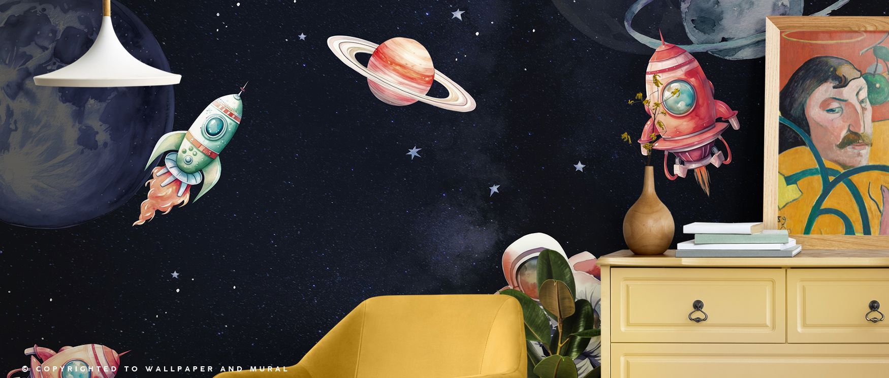 Adventure radiates from Galactic Explorer Dark Wallpaper, planets and galaxies detailed in vibrant tones. Nurseries or children’s rooms glow with imaginative atmosphere, playful energy, and cosmic artistry, surrounding interiors with curiosity and wonder.