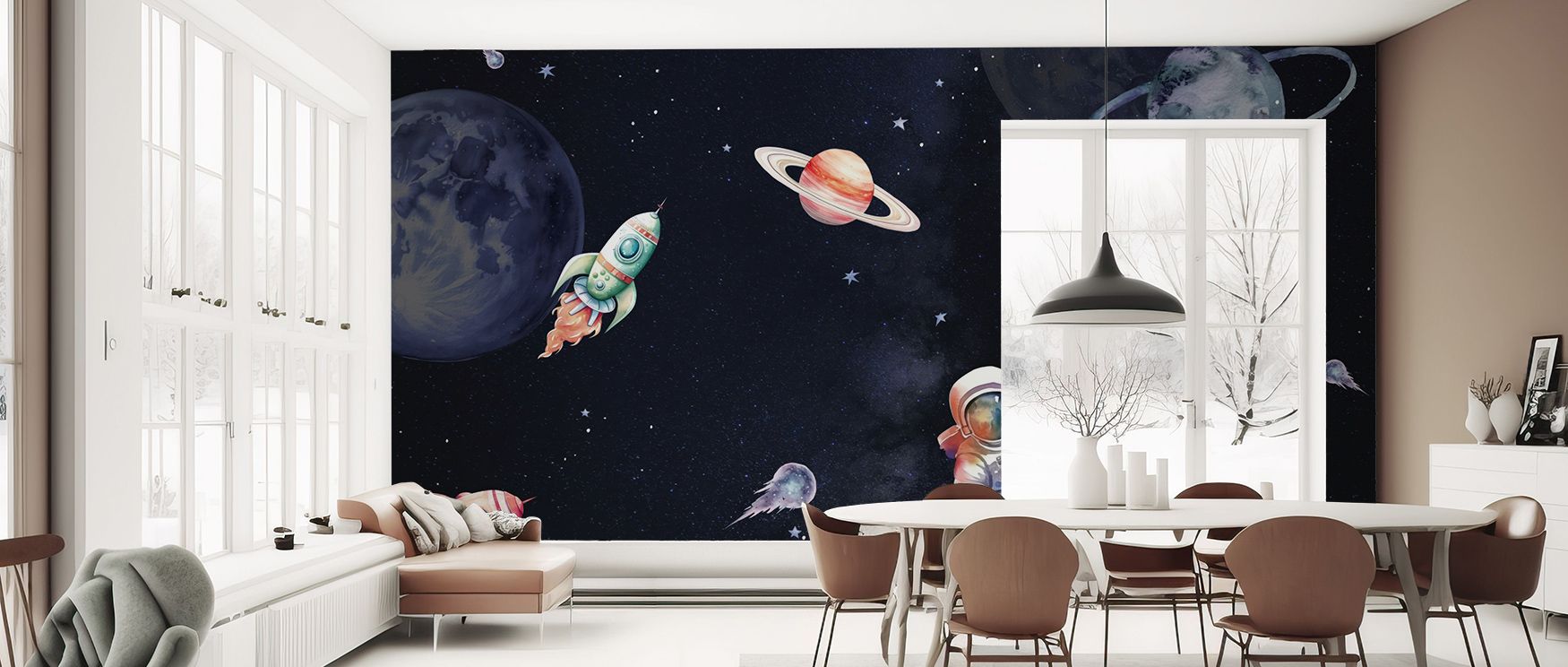 Galactic Explorer Dark Wallpaper builds imaginative mood, cosmic motifs painted with luminous tones. Playful living spaces or nurseries glow with energy, wonder, and creativity, surrounding interiors with adventurous charm and artistic brilliance. 