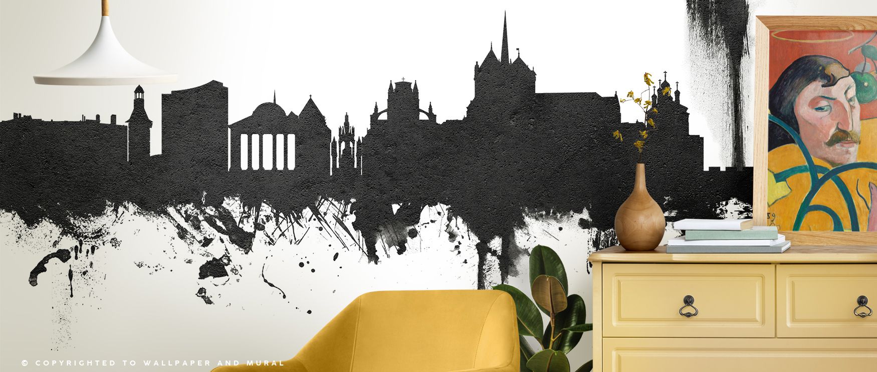 Urban charm defines Geneva Switzerland Skyline Black & White Wallpaper, skyline detailed in layered tones of grey. Bedrooms or offices glow with metropolitan brilliance, refined calm, and architectural artistry, surrounding interiors with timeless balance