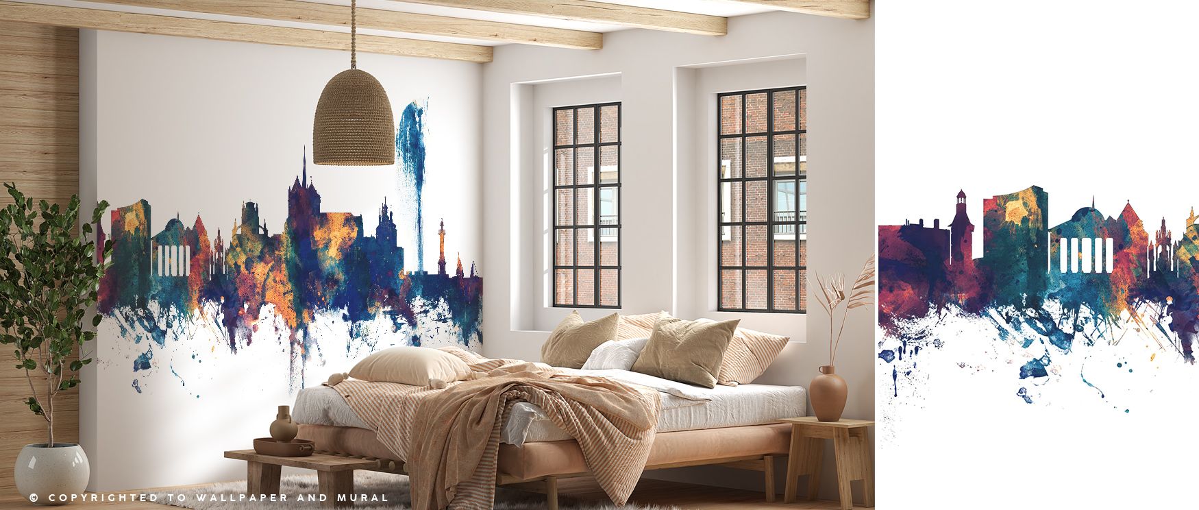 Geneva Switzerland Skyline Blue & Bronze Wallpaper reflects urban artistry, city motifs painted in luminous bronze and blue hues. Offices or lounges glow with architectural charm, refined calm, and timeless elegance, surrounding interiors with metropolita