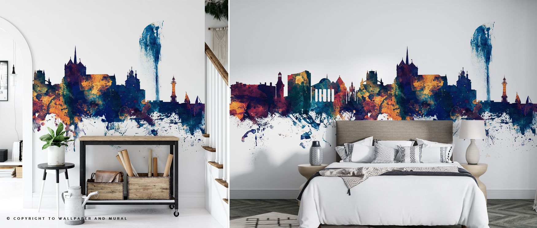 Geneva Switzerland Skyline Blue & Bronze Wallpaper enriches interiors with luminous skyline imagery, tones of bronze layered on blue backgrounds. Offices or living rooms glow with metropolitan charm, refined elegance, and architectural brilliance, surroun