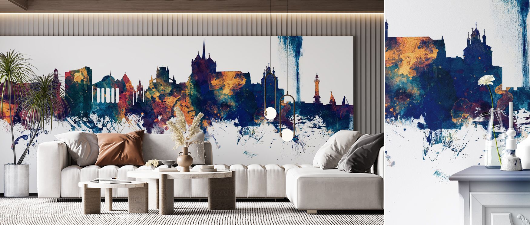 Geneva Switzerland Skyline Blue & Bronze Wallpaper builds urban atmosphere, skyline motifs arranged in bronze and blue layers. Living rooms or offices glow with architectural charm, refined presence, and metropolitan artistry, surrounding interiors with e
