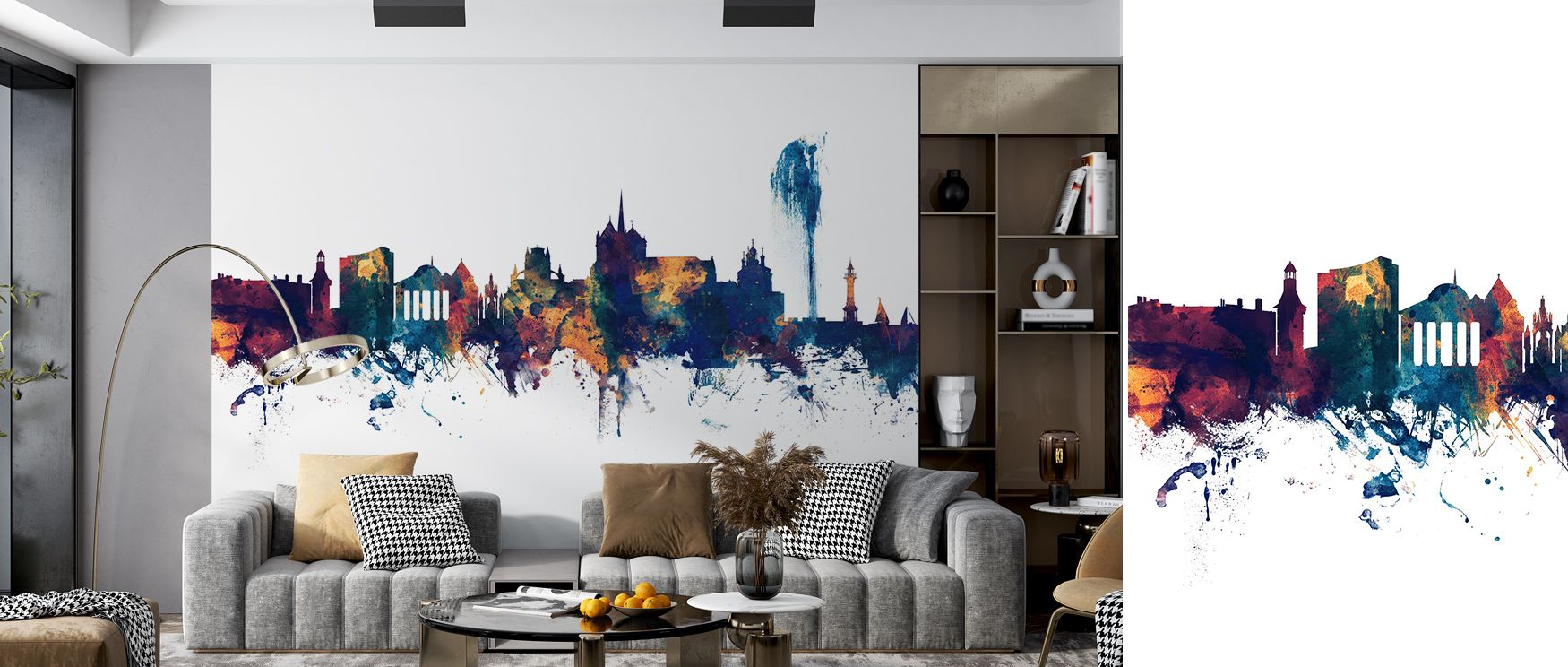 Urban artistry defines Geneva Switzerland Skyline Blue & Bronze Wallpaper, skyline motifs painted in layered tones. Living rooms or offices glow with metropolitan brilliance, refined charm, and architectural calm, surrounding interiors with timeless elega