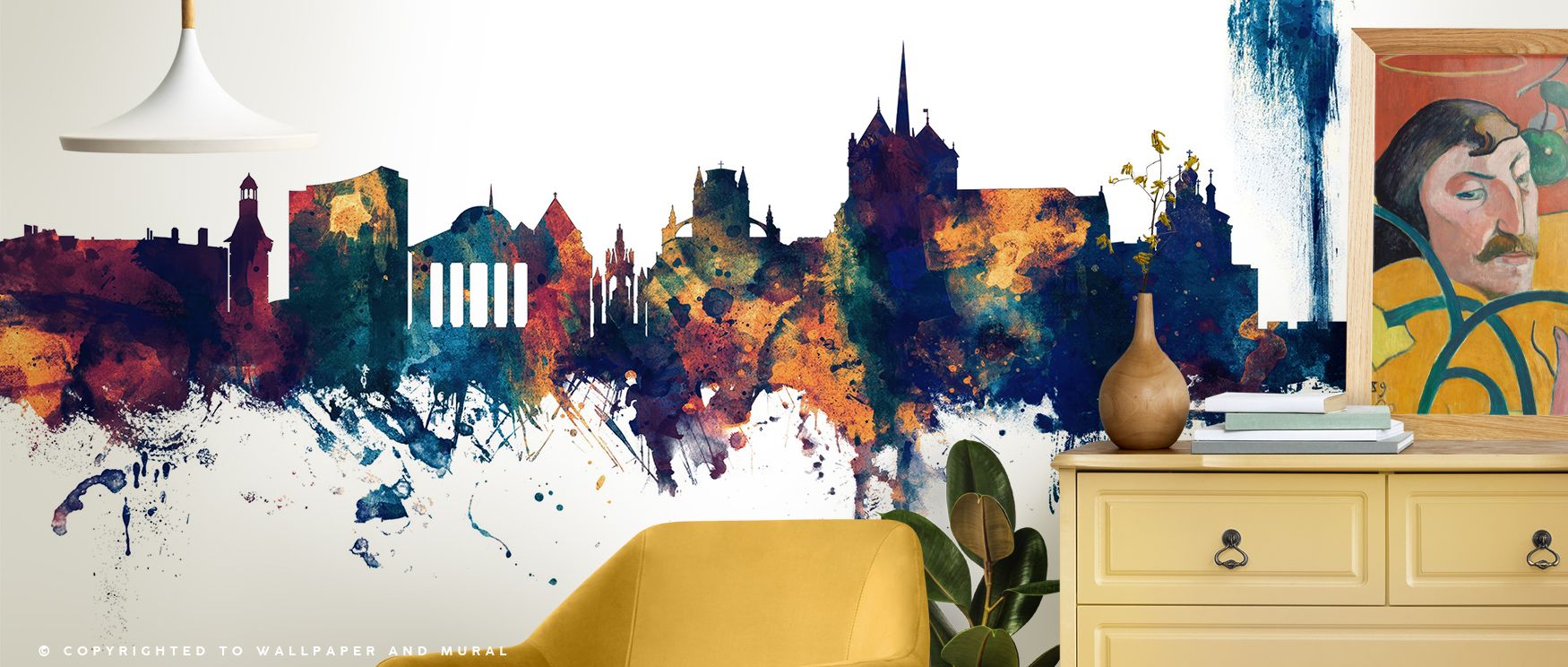 Metropolitan brilliance fills Geneva Switzerland Skyline Blue & Bronze Wallpaper, skyline painted with glowing contrast. Offices or living rooms glow with refined calm, architectural artistry, and timeless charm, surrounding interiors with urban presence.