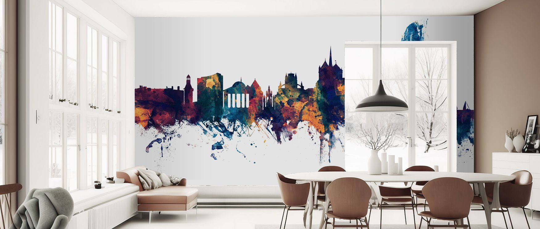 Geneva Switzerland Skyline Blue & Bronze Wallpaper enhances interiors with skyline motifs shaded in luminous tones. Lounges or offices glow with architectural elegance, refined calm, and metropolitan charm, surrounding walls with sophistication. 