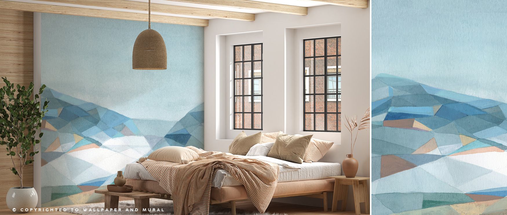 The artistry of Geo Mountain Wallpaper emerges through peaks painted in luminous tones. Bedrooms or living rooms glow with modern strength, refined calm, and geometric elegance, surrounding interiors with atmosphere of timeless rhythm. 