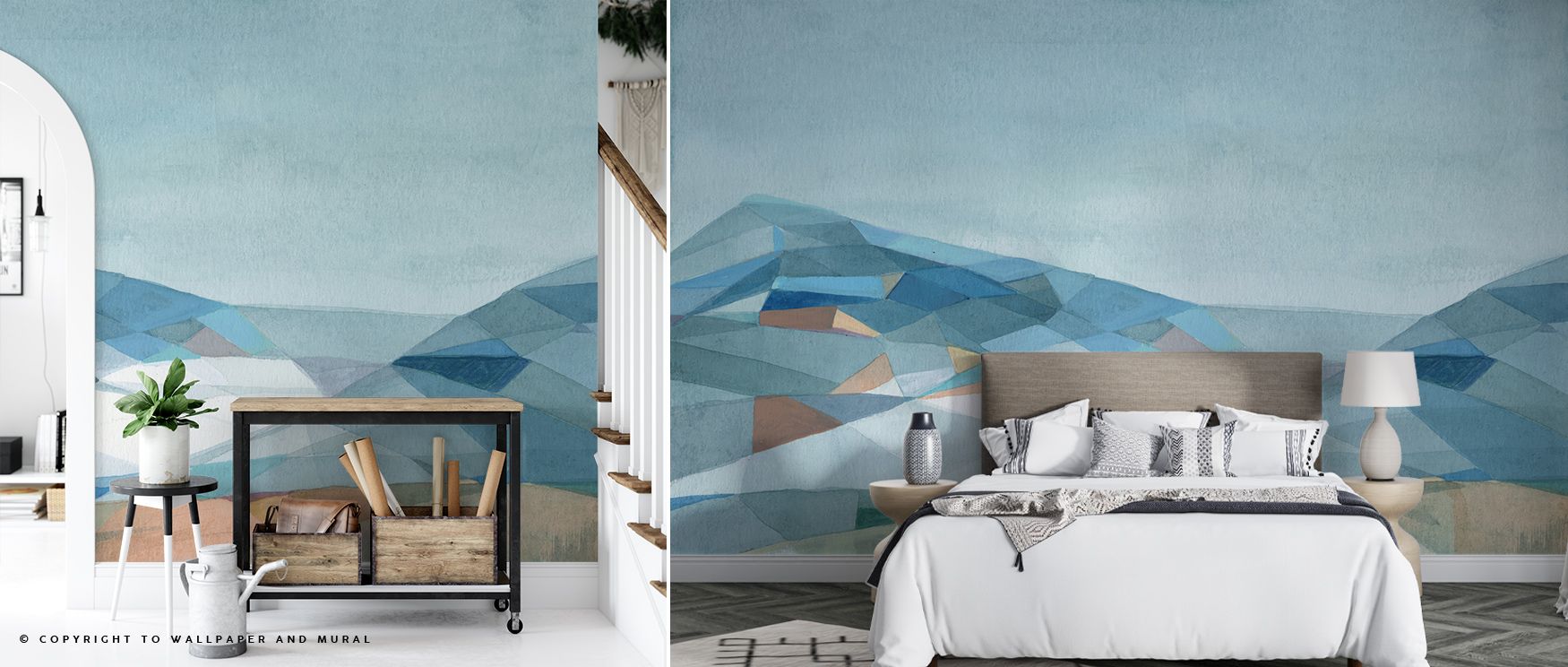 Contemporary rhythm fills Geo Mountain Wallpaper, mountain forms painted in layered angular tones. Living rooms or bedrooms glow with bold artistry, refined calm, and modern presence, surrounding interiors with timeless balance. 