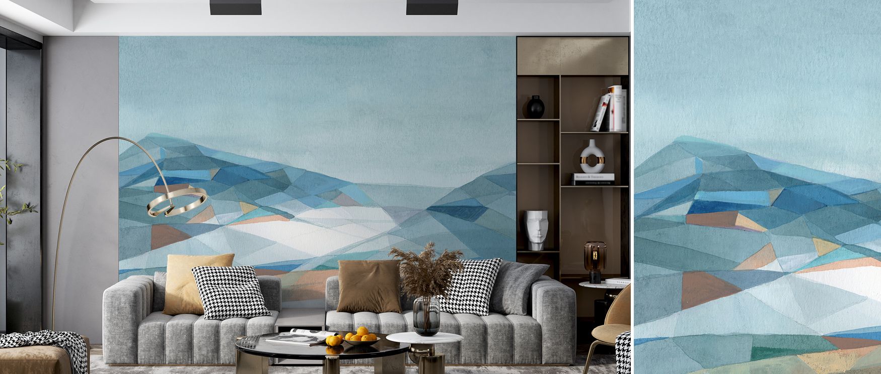 Geo Mountain Wallpaper builds atmosphere with geometric motifs painted in luminous tones. Offices or bedrooms glow with refined calm, bold character, and structured artistry, surrounding interiors with timeless elegance.