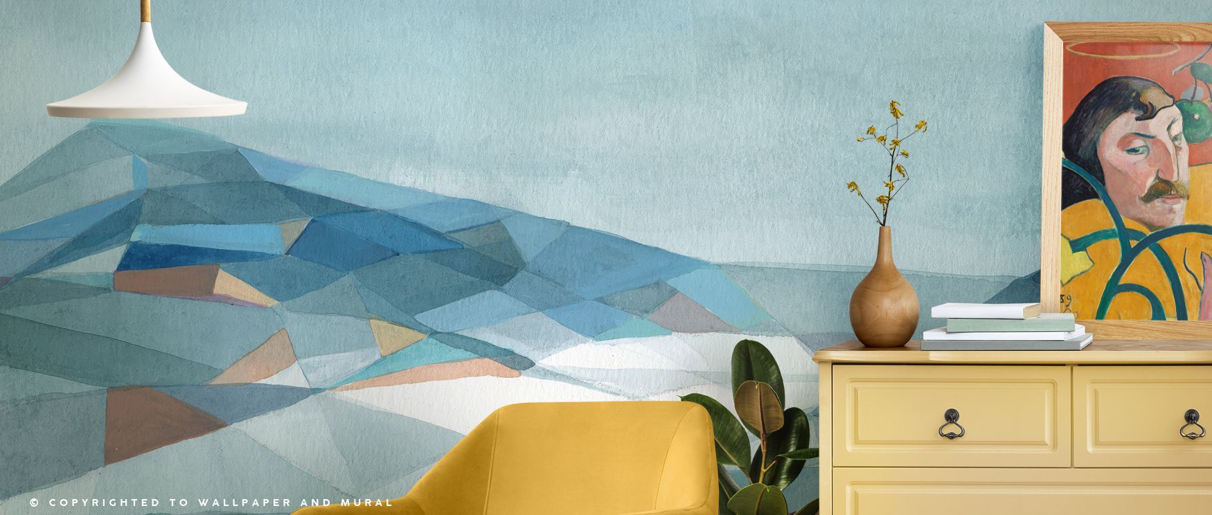 Geo Mountain Wallpaper carries bold rhythm, mountain peaks painted in angular tones of ivory and blue. Living rooms or bedrooms glow with modern strength, creative charm, and refined artistry, surrounding interiors with atmosphere of balance. 