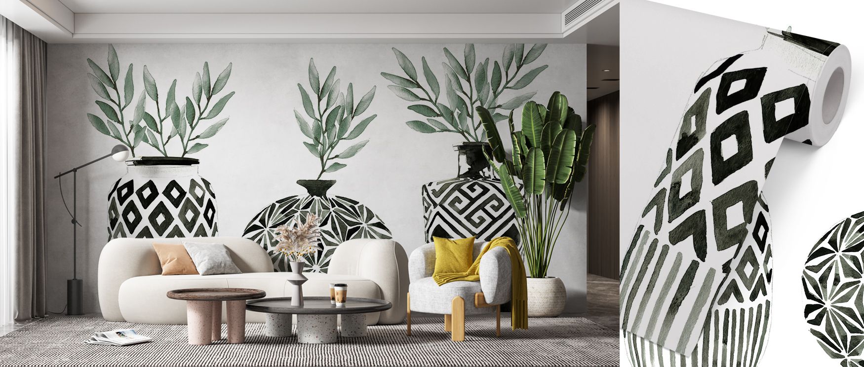 Geo Vases Wallpaper reflects vibrant artistry, vases arranged in luminous tones of gold, coral, and teal. Dining rooms or living rooms glow with creative presence, playful calm, and refined elegance, surrounding interiors with atmosphere of rhythm and art