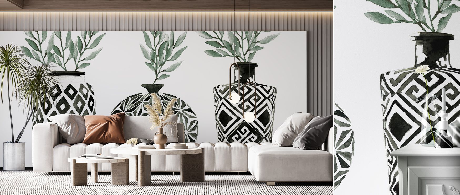 Creative rhythm emerges in Geo Vases Wallpaper, vase motifs painted in vibrant tones of teal and coral. Bedrooms or dining rooms glow with artistic brilliance, playful charm, and luminous calm, surrounding interiors with atmosphere of refined elegance. 