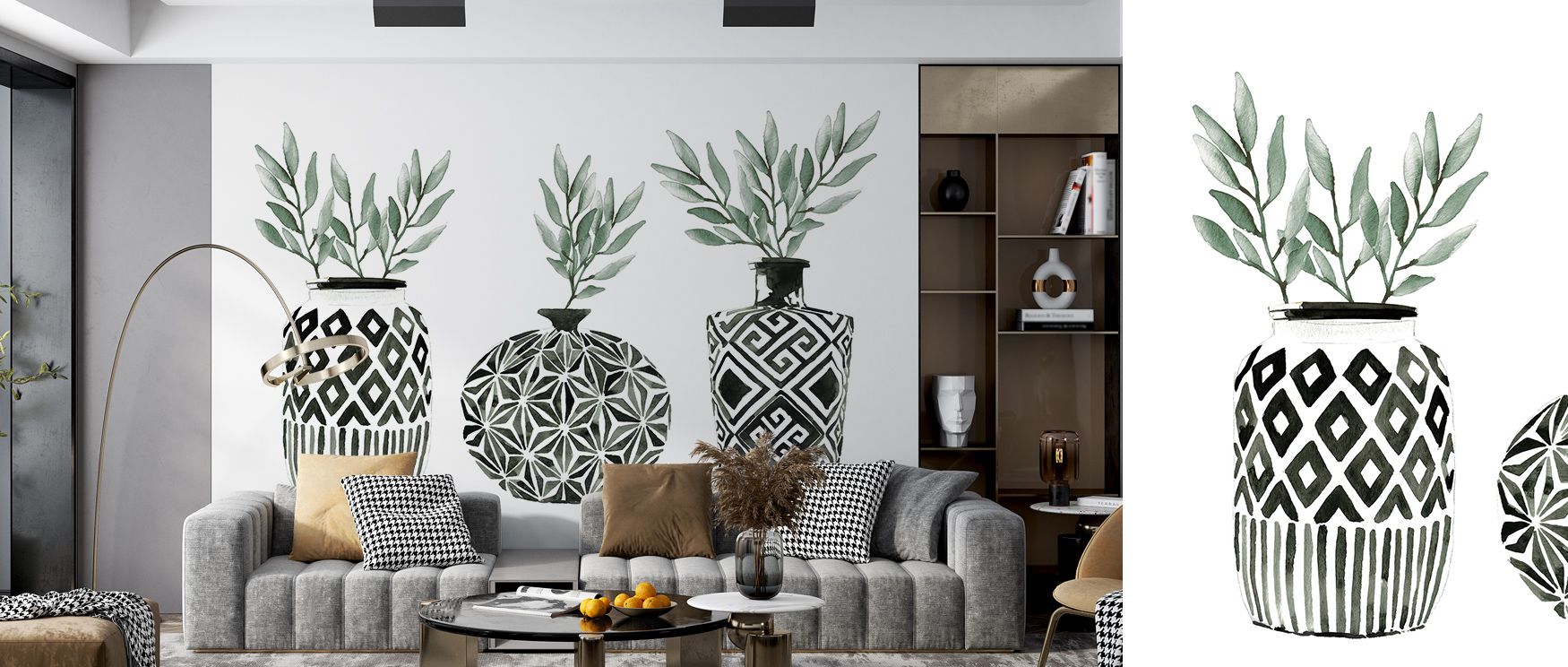 Artistic vibrancy fills Geo Vases Wallpaper, vases painted in radiant tones of coral and ivory. Living rooms or bedrooms glow with playful presence, creative artistry, and refined elegance, surrounding interiors with luminous charm.