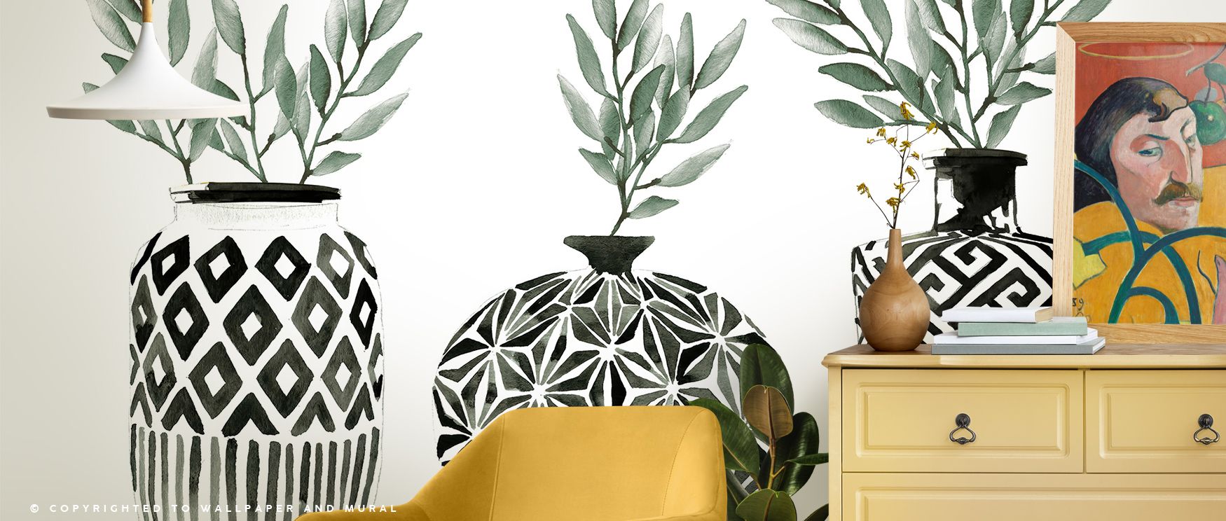 The charm of Geo Vases Wallpaper emerges through abstract forms painted in radiant colors. Dining rooms or living rooms glow with artistic brilliance, playful presence, and refined calm, surrounding interiors with luminous artistry. 