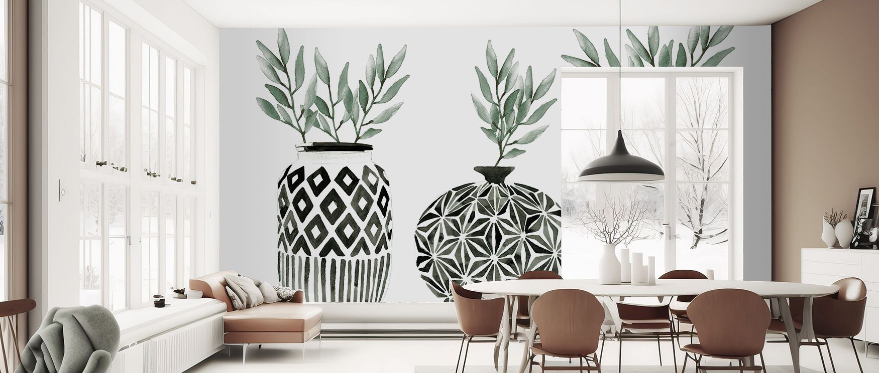 Geo Vases Wallpaper builds luminous mood, vase motifs painted with radiant tones of gold and teal. Bedrooms or dining rooms glow with creative charm, playful artistry, and refined brilliance, surrounding interiors with balance and timeless atmosphere. 