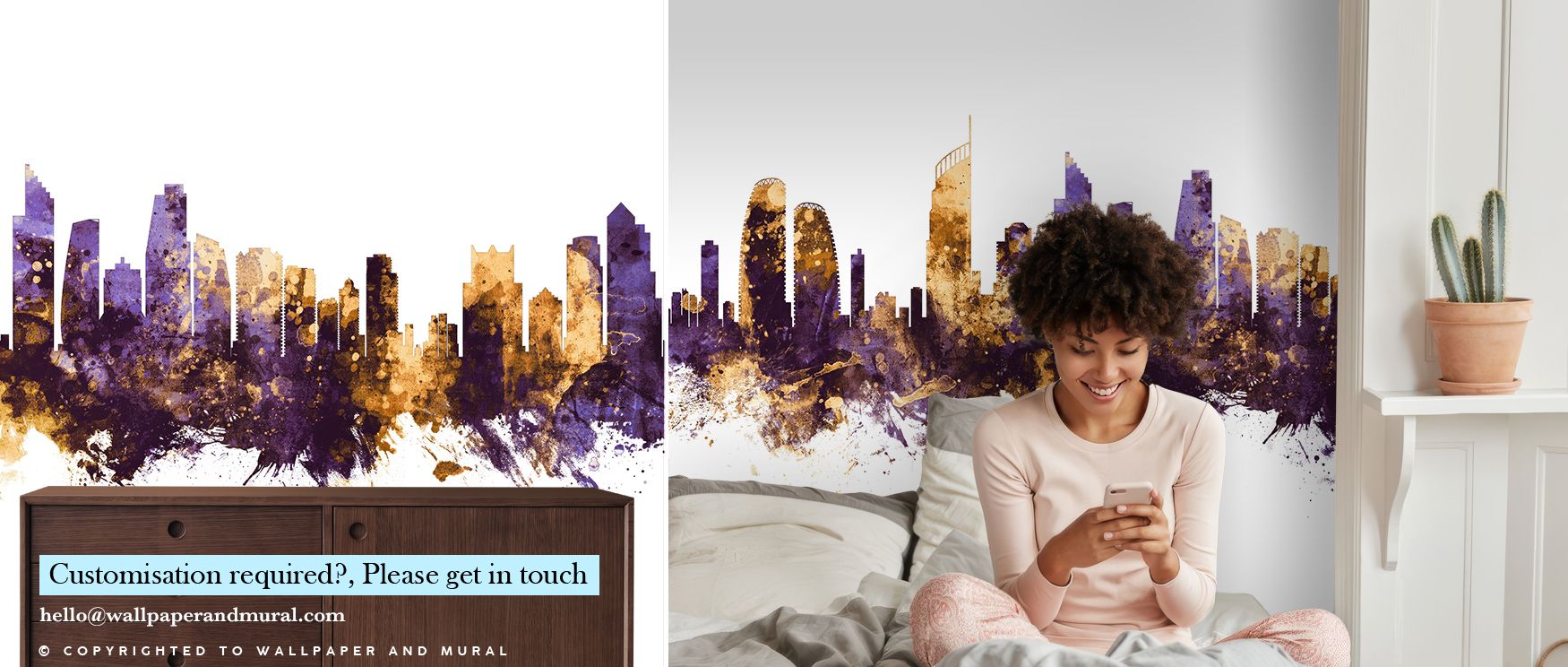 Gold Coast Australia Skyline Purple & Gold Wallpaper enriches interiors with luminous city motifs painted in regal hues. Living rooms or offices glow with metropolitan charm, refined brilliance, and architectural presence, surrounding walls with timeless 