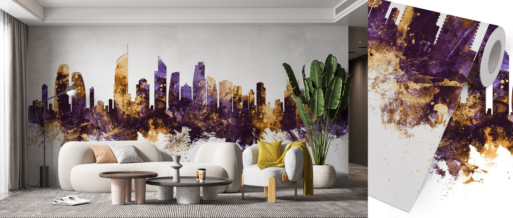 Gold Coast Australia Skyline Purple & Gold Wallpaper reflects urban elegance, city motifs painted in tones of violet and gold. Living rooms or offices glow with architectural artistry, refined calm, and metropolitan brilliance, surrounding interiors with 