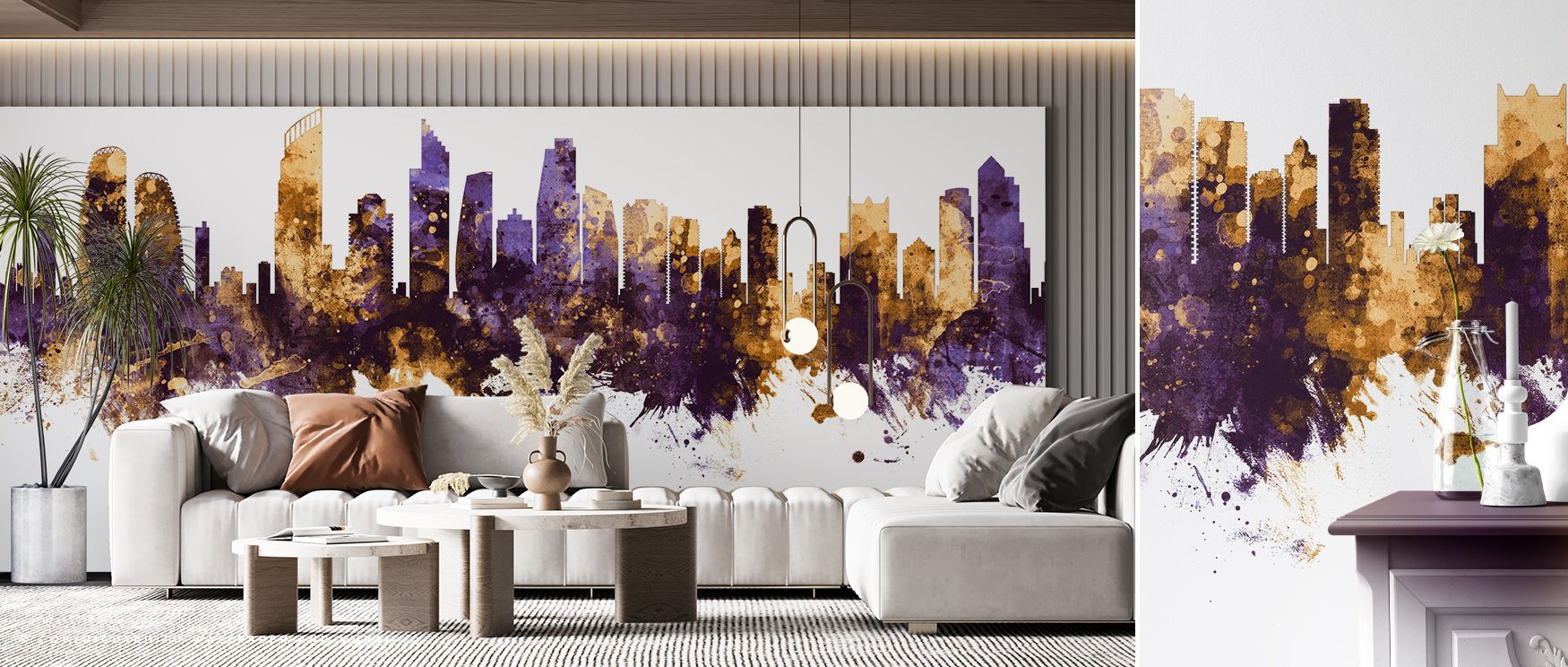 A metropolitan rhythm defines Gold Coast Australia Skyline Purple & Gold Wallpaper, skyline painted with glowing tones. Offices or bedrooms glow with refined presence, architectural elegance, and urban charm, surrounding interiors with atmosphere of brill
