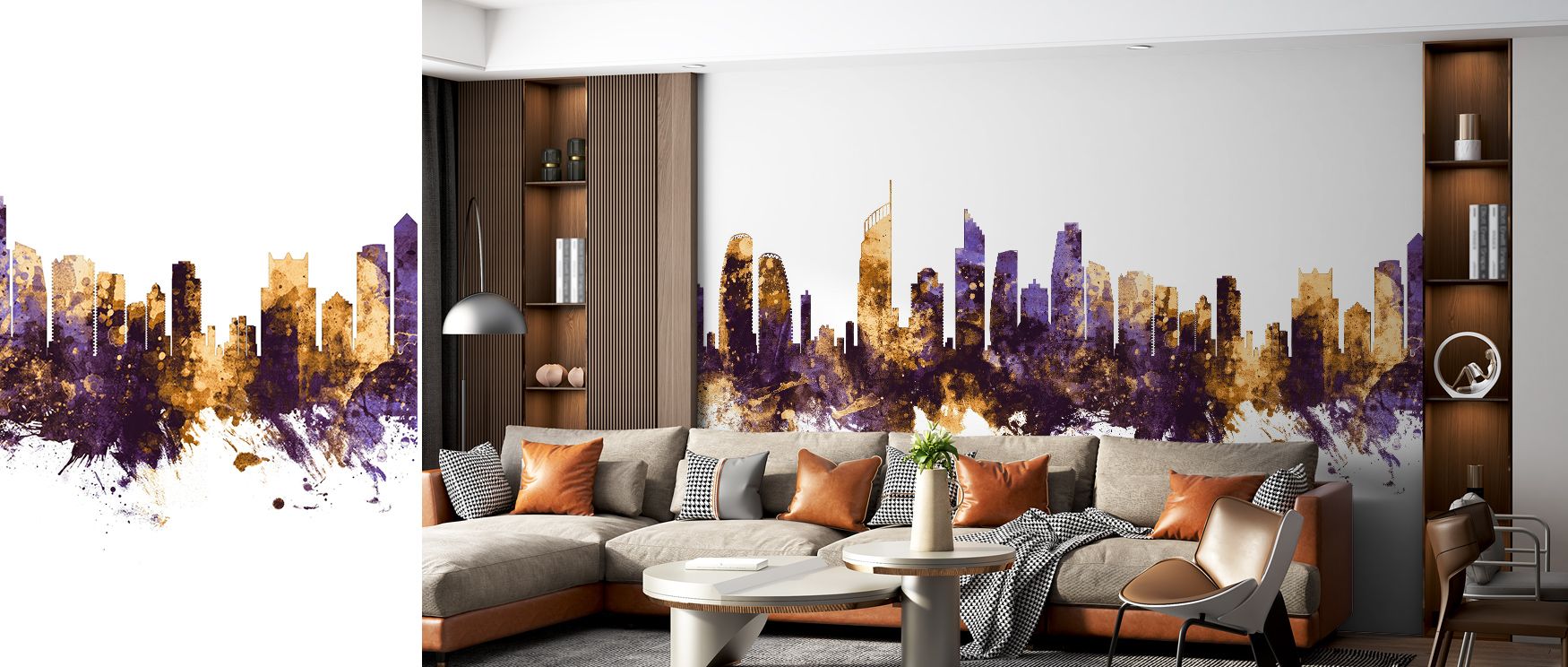 Gold Coast Australia Skyline Purple & Gold Wallpaper builds urban charm, skyline detailed in luminous purple and gold. Living rooms or offices glow with refined elegance, metropolitan presence, and architectural brilliance, surrounding interiors with rega