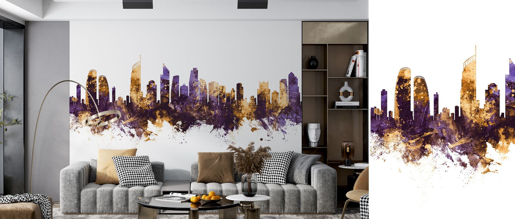 Metropolitan brilliance defines Gold Coast Australia Skyline Purple & Gold Wallpaper, skyline detailed in regal tones of purple and gold. Living rooms or offices glow with refined calm, urban elegance, and architectural presence, surrounding interiors wit