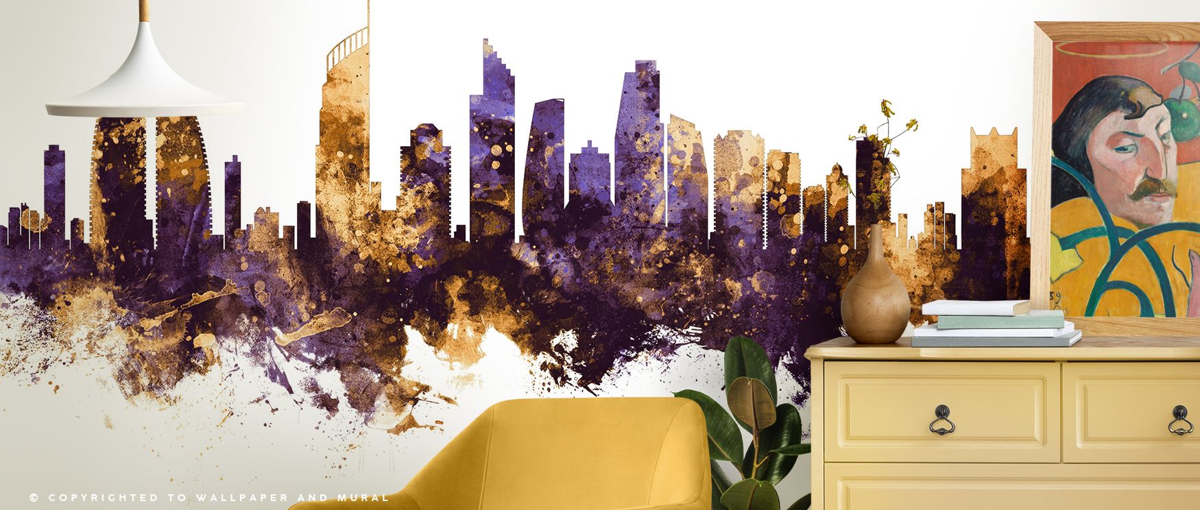 Architectural artistry fills Gold Coast Australia Skyline Purple & Gold Wallpaper, skyline motifs shaded in regal hues. Bedrooms or living rooms glow with metropolitan charm, refined elegance, and luminous presence, surrounding interiors with balance. 