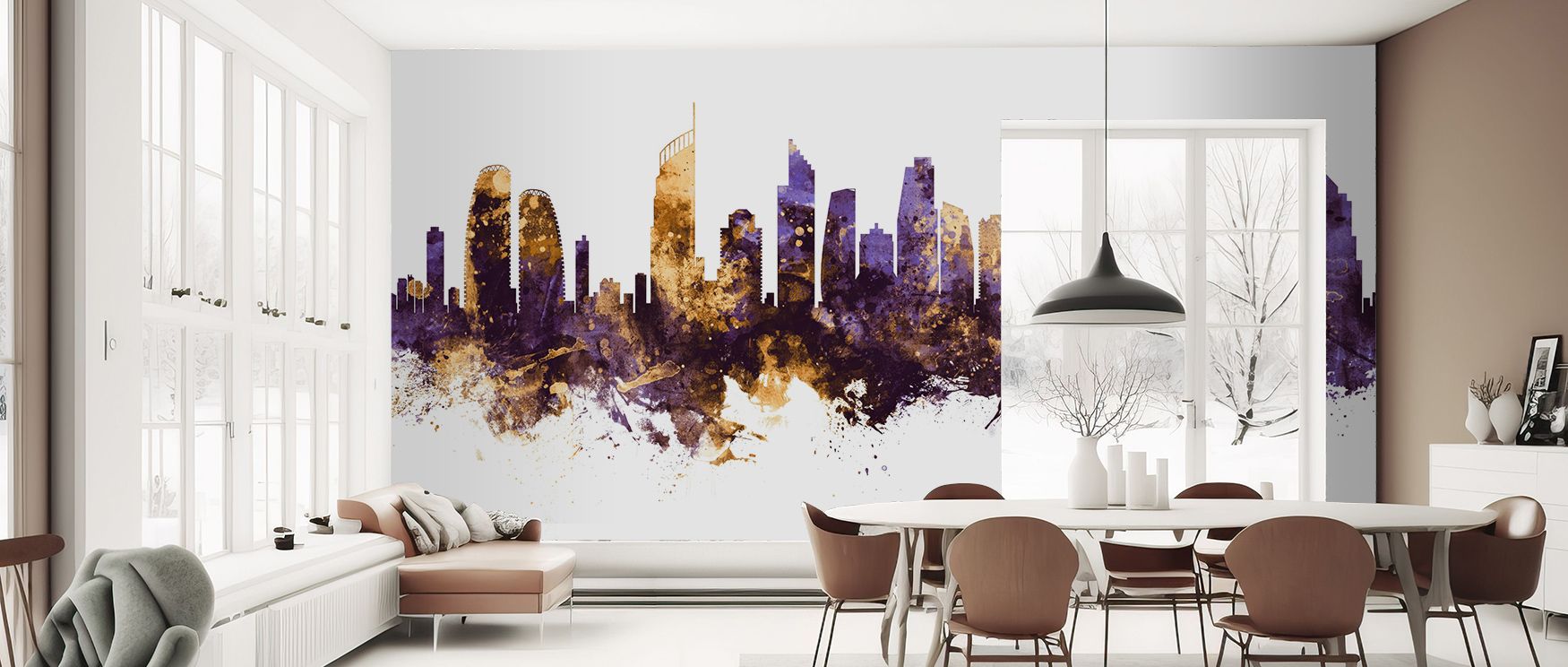 Gold Coast Australia Skyline Purple & Gold Wallpaper carries urban sophistication, skyline painted in vibrant tones. Offices or bedrooms glow with metropolitan charm, refined artistry, and luminous brilliance, surrounding interiors with timeless balance. 