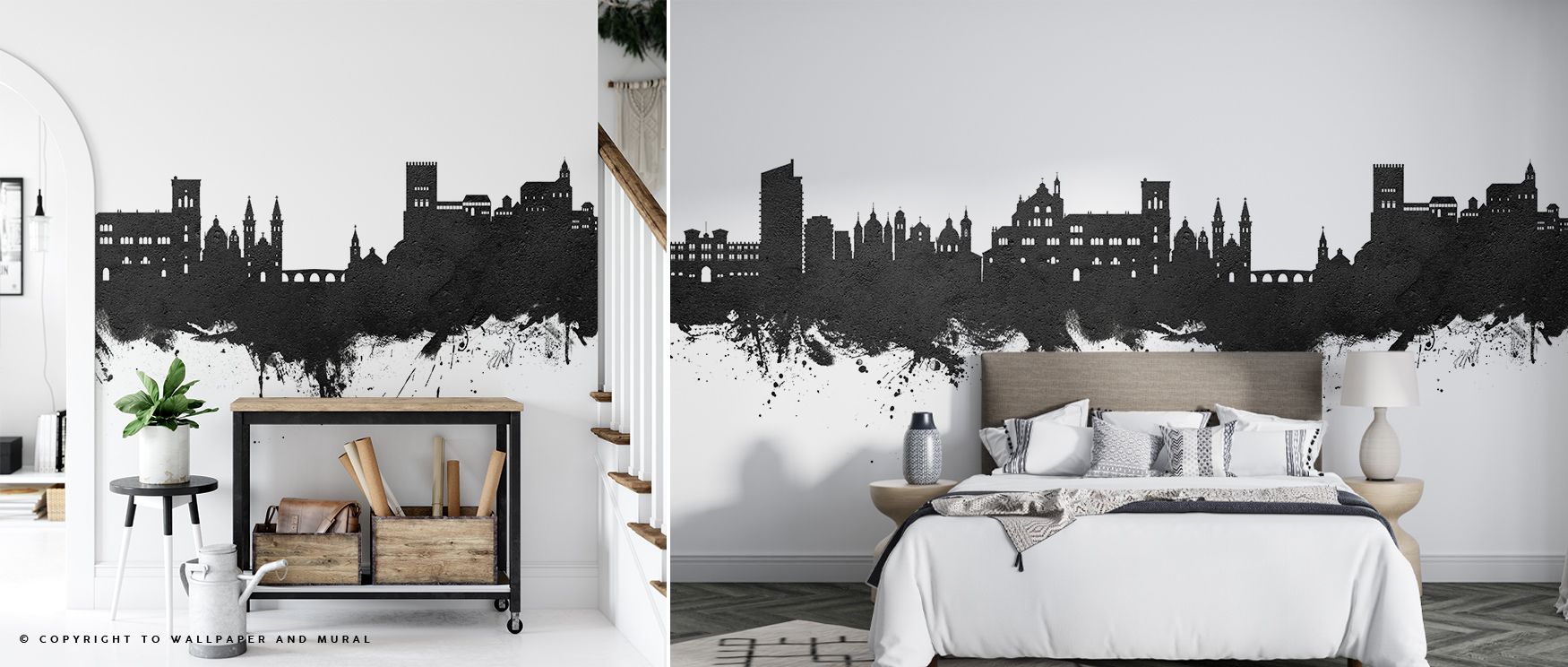 Monochrome rhythm defines Granada Spain Skyline Black & White Wallpaper, skyline motifs painted in luminous tones. Bedrooms or offices glow with architectural brilliance, metropolitan calm, and refined charm, surrounding interiors with timeless sophistica