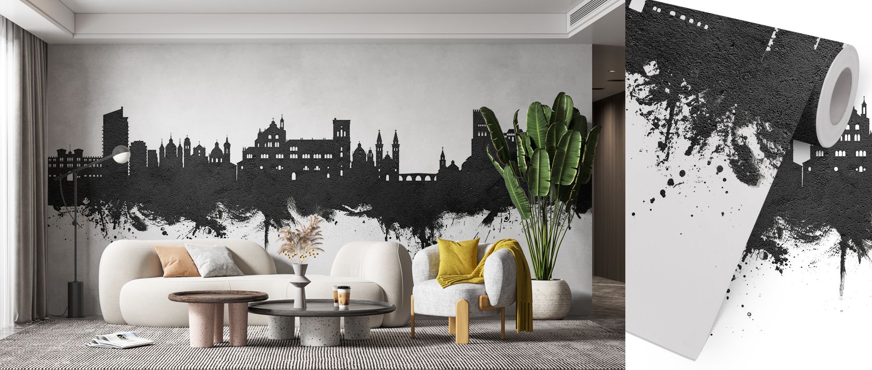 Granada Spain Skyline Black & White Wallpaper reflects metropolitan artistry, city motifs shaded in grey and ivory tones. Offices or living rooms glow with refined brilliance, architectural detail, and timeless presence, surrounding interiors with eleganc