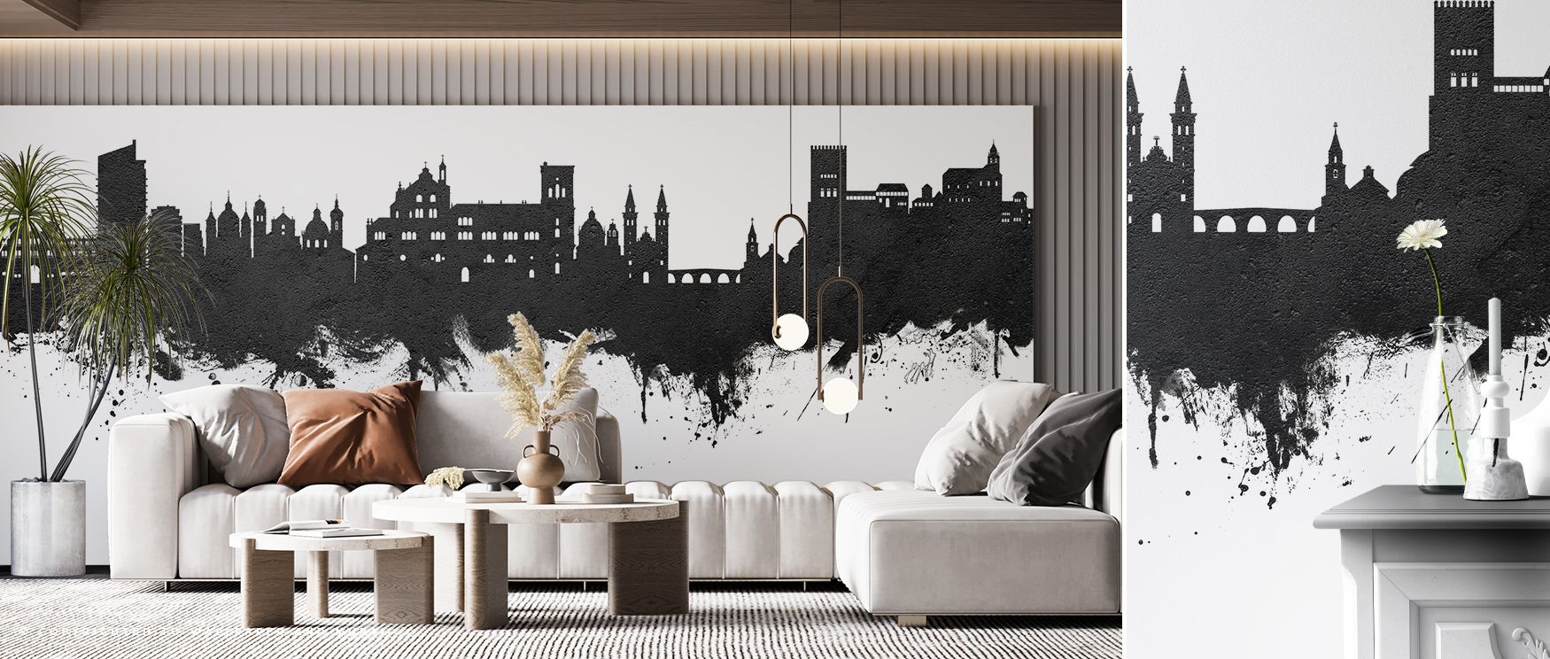Urban presence fills Granada Spain Skyline Black & White Wallpaper, skyline painted in layered monochrome hues. Living rooms or offices glow with metropolitan charm, refined elegance, and timeless calm, surrounding interiors with balance. 