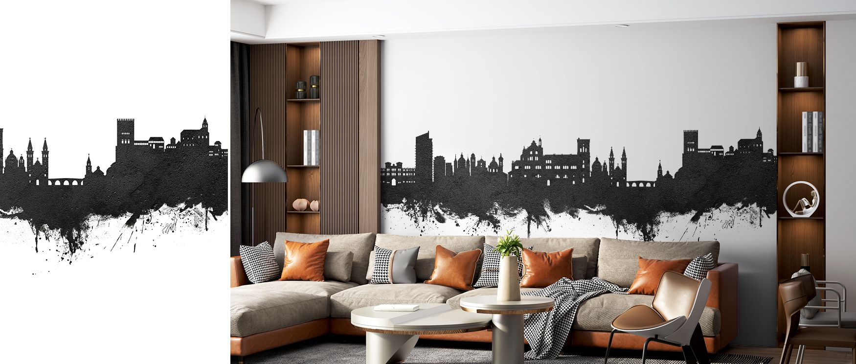 Granada Spain Skyline Black & White Wallpaper creates metropolitan brilliance, skyline painted in muted tones of grey. Offices or bedrooms glow with architectural artistry, refined presence, and timeless charm, surrounding interiors with urban elegance. 