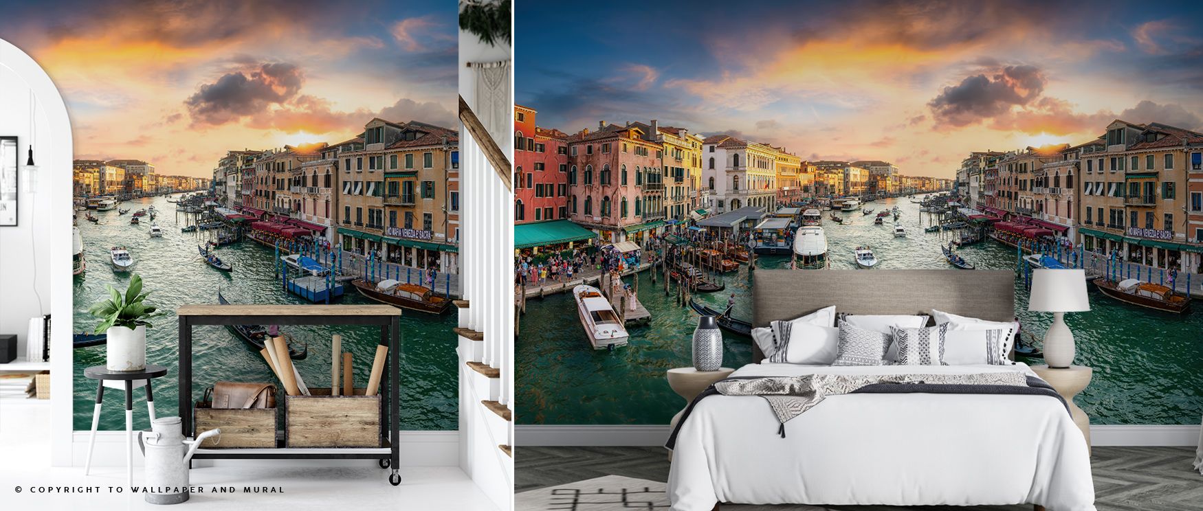 Grand Canal Sunset Wallpaper reflects Venetian beauty, sunset tones painted in glowing layers. Bedrooms or living rooms glow with romantic charm, refined atmosphere, and luminous presence, surrounding interiors with timeless artistry. 