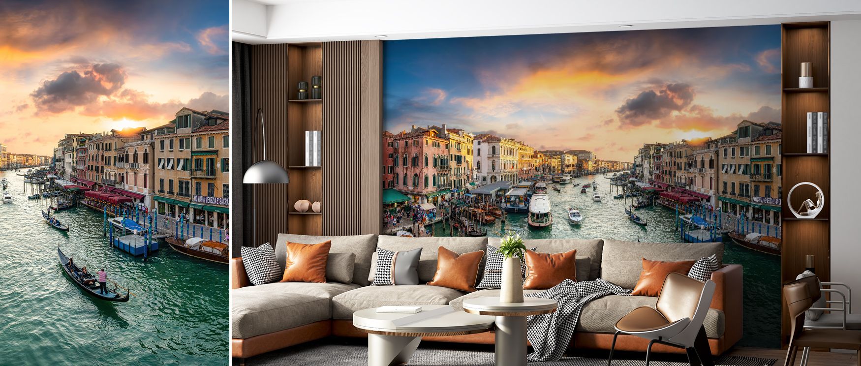 Warm radiance shines in Grand Canal Sunset Wallpaper, Venetian waters painted in glowing tones. Bedrooms or dining rooms glow with romantic charm, refined calm, and timeless presence, surrounding interiors with luminous atmosphere. 