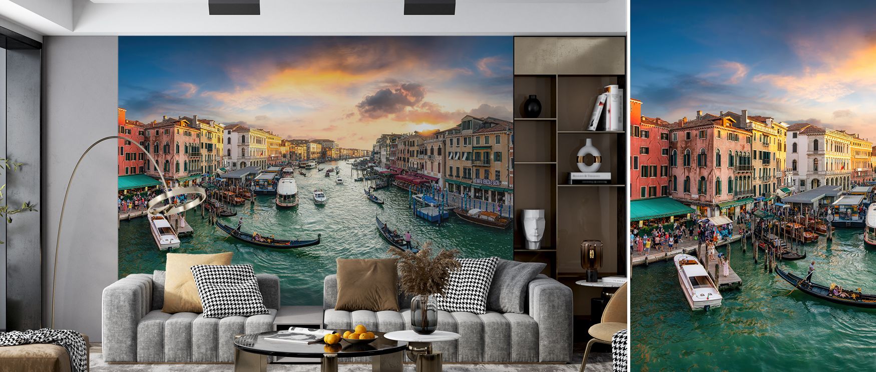 Venetian artistry fills Grand Canal Sunset Wallpaper, sunset tones scattered across glowing waters. Dining rooms or living rooms glow with romantic brilliance, refined calm, and timeless atmosphere, surrounding interiors with luminous charm.