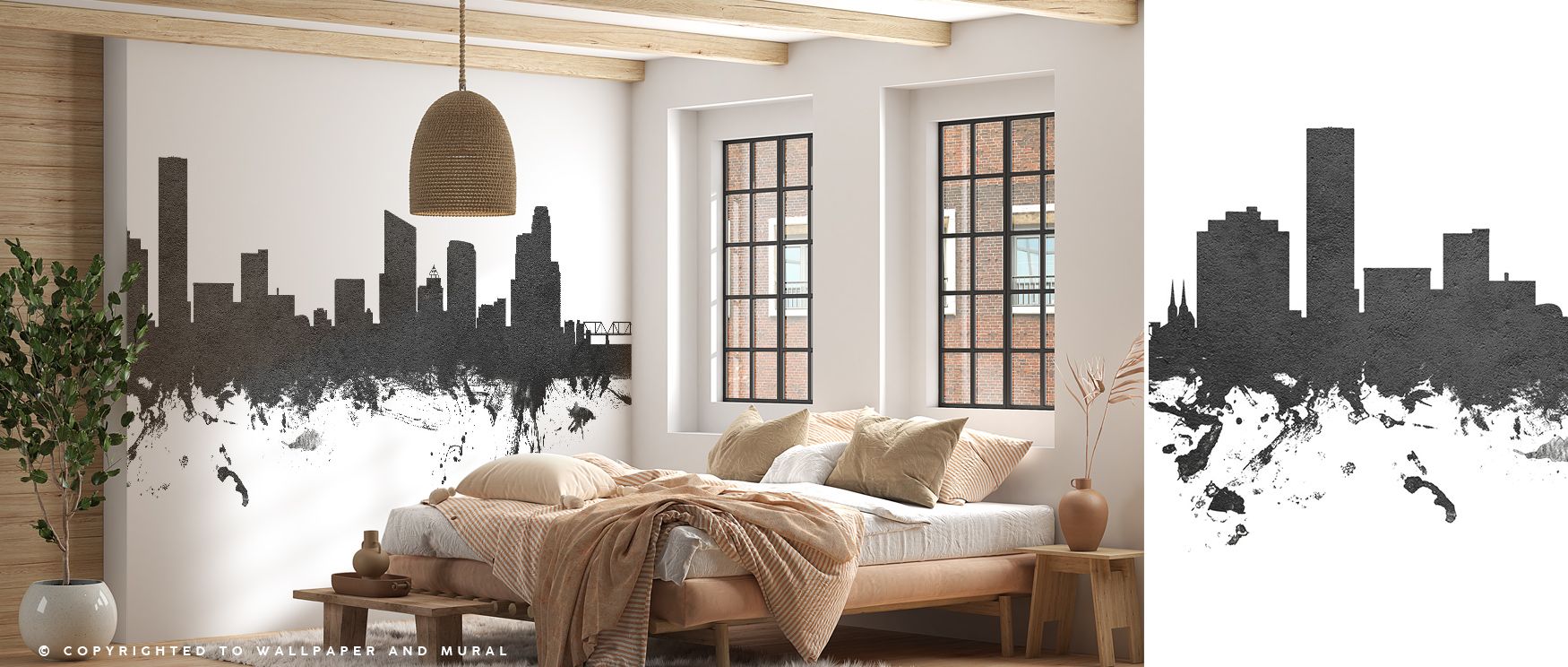 Grand Rapids Michigan Skyline Black & White Wallpaper enriches interiors with monochrome artistry, cityscape painted in layered shades of grey. Living rooms or offices glow with refined calm, metropolitan charm, and timeless elegance, surrounding interior