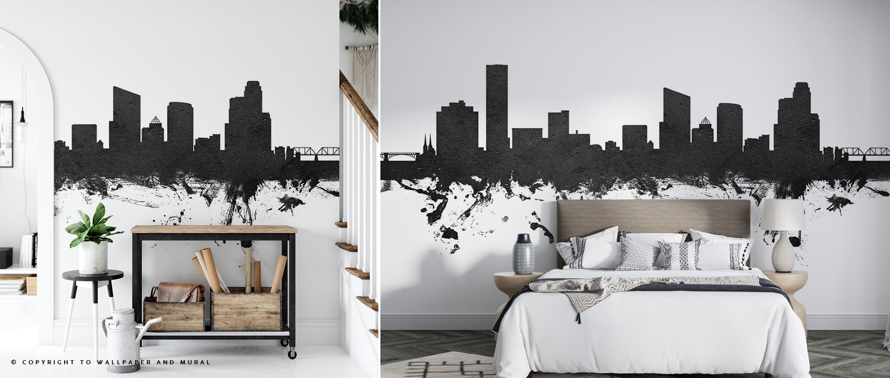 Grand Rapids Michigan Skyline Black & White Wallpaper reflects metropolitan character, city motifs painted in tonal grey hues. Offices or living rooms glow with refined calm, architectural artistry, and timeless presence, surrounding interiors with elegan