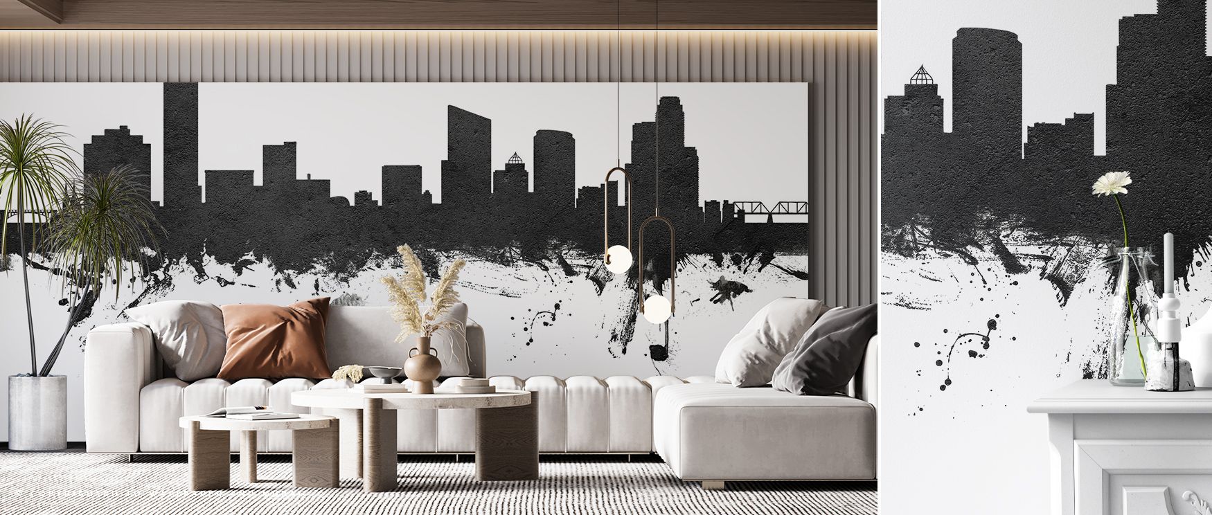 Grand Rapids Michigan Skyline Black & White Wallpaper builds urban charm, skyline detailed in layered monochrome hues. Bedrooms or offices glow with refined brilliance, architectural presence, and timeless calm, surrounding interiors with metropolitan art