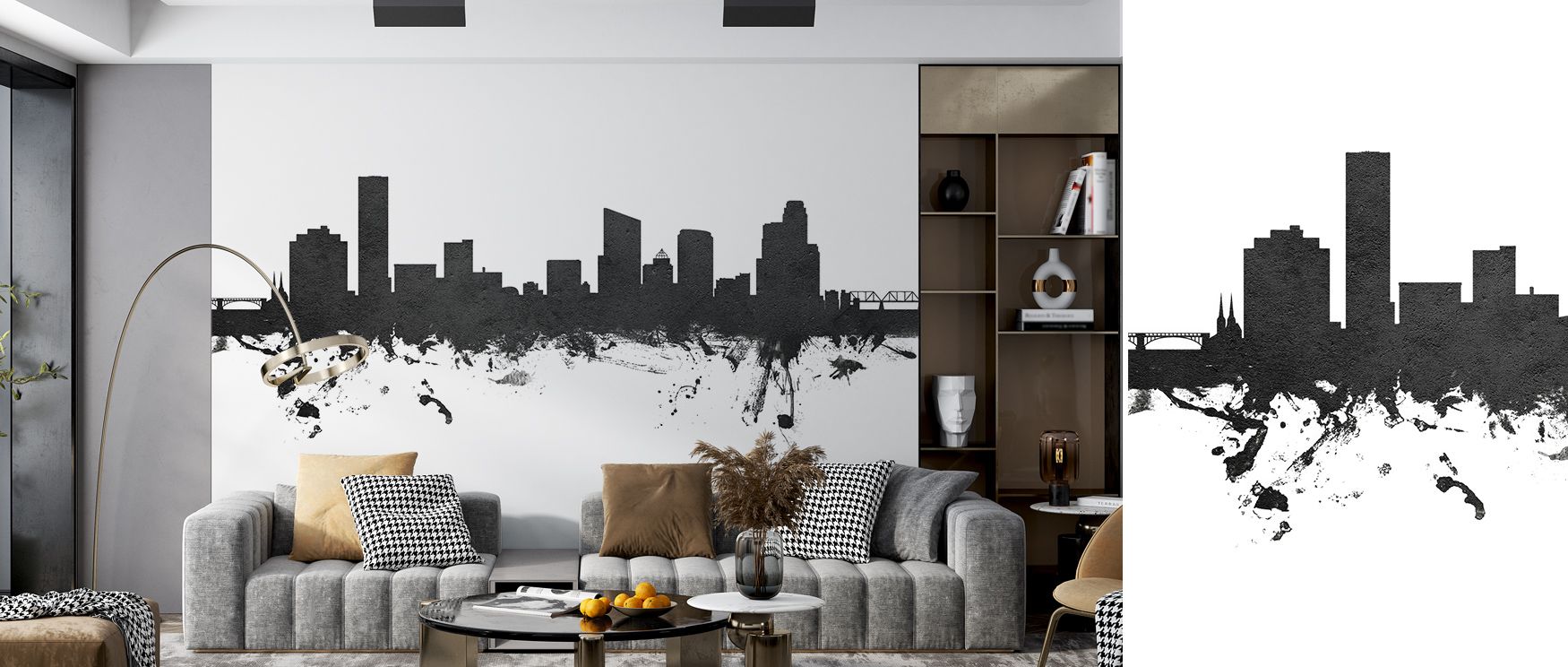 Grand Rapids Michigan Skyline Black & White Wallpaper surrounds interiors with city motifs painted in monochrome tones. Offices or bedrooms glow with metropolitan brilliance, refined calm, and architectural elegance, surrounding interiors with timeless at