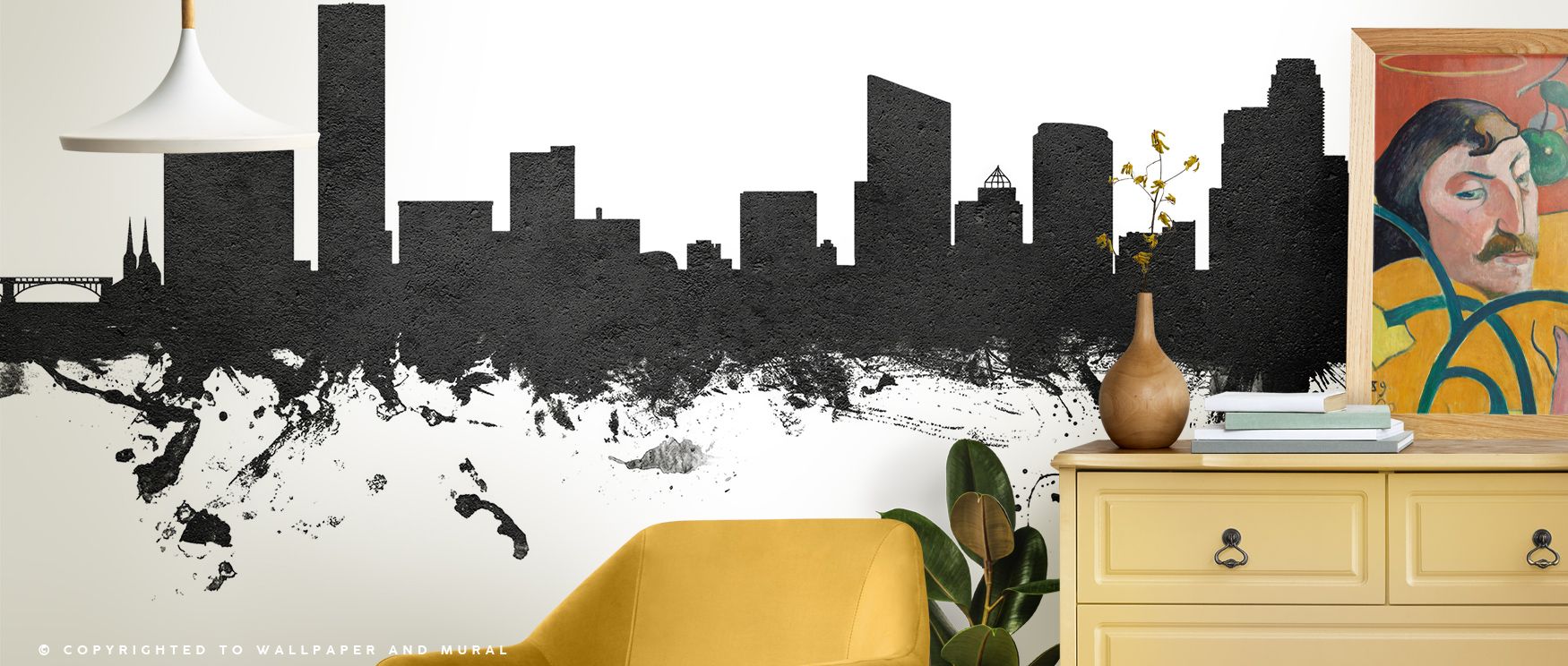 Urban elegance fills Grand Rapids Michigan Skyline Black & White Wallpaper, skyline motifs shaded in tonal grey. Bedrooms or living rooms glow with refined presence, architectural artistry, and timeless calm, surrounding interiors with sophistication. 