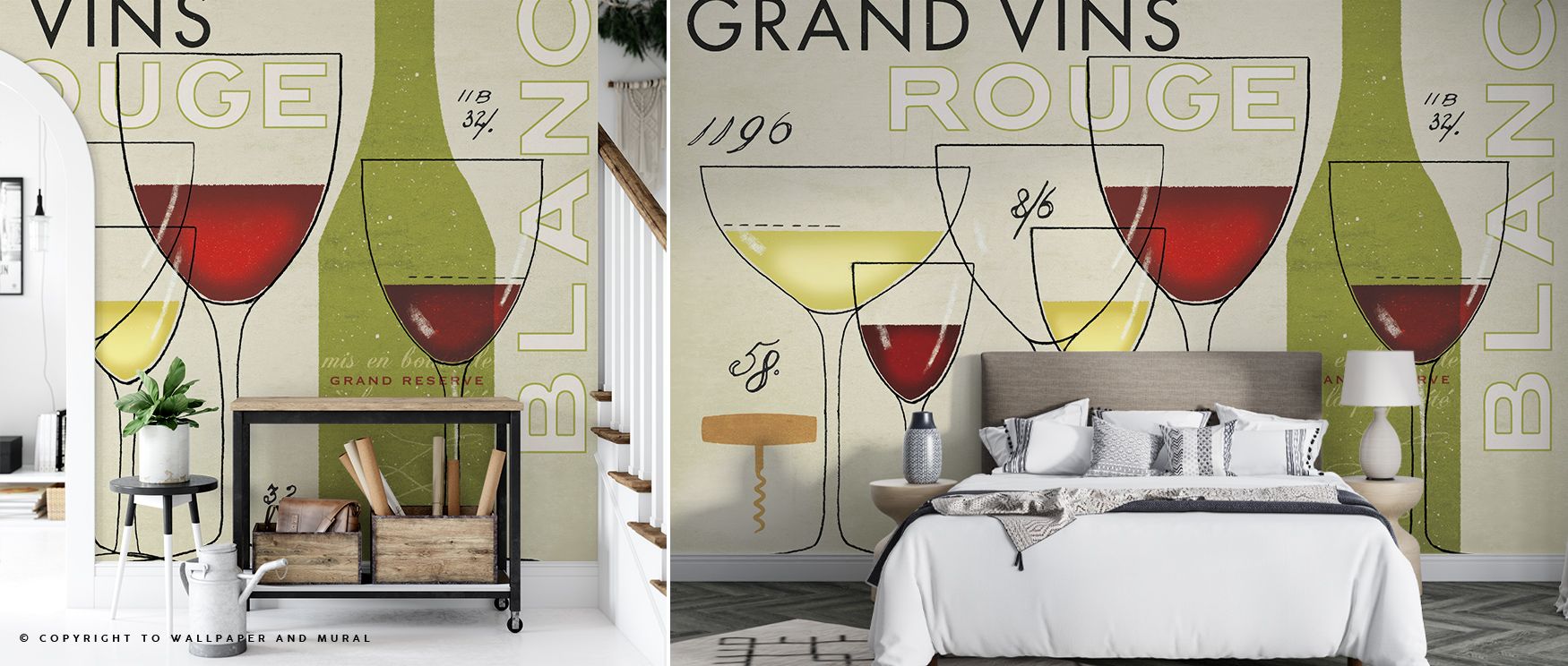 Grand Vins Wallpaper reflects vintage character, motifs painted with luminous tones of burgundy and ivory. Cellars or living rooms glow with rustic brilliance, refined charm, and timeless presence, surrounding interiors with atmosphere of elegance. 