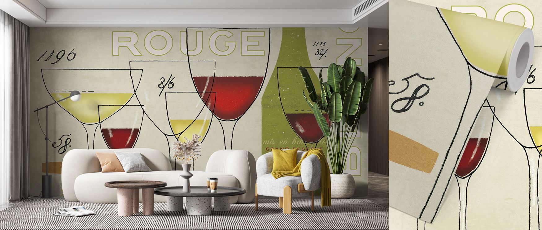 A rustic rhythm fills Grand Vins Wallpaper, motifs painted with layered tones of burgundy. Dining rooms or living rooms glow with refined calm, vintage elegance, and timeless charm, surrounding interiors with artistry and balance. 