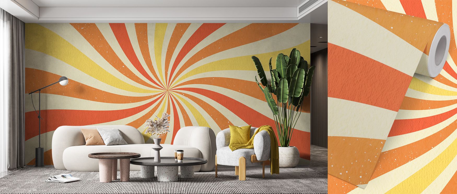 Groovy Sunlight Wallpaper enriches interiors with bold detail painted in radiant orange and yellow tones that scatter across rhythmic patterns. Studies, living rooms, or bedrooms glow with nostalgic presence, enriched by luminous charm, refined artistry, 