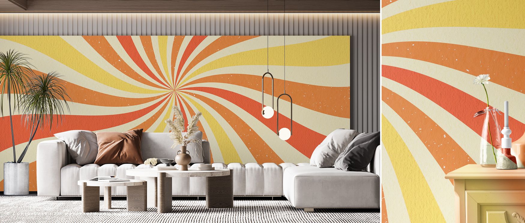 Groovy Sunlight Wallpaper reflects playful rhythm in radiant layers painted with dynamic tones that flow across walls in expressive compositions. Living rooms, bedrooms, or studies glow with timeless nostalgia, enriched by brilliance, refined balance, and