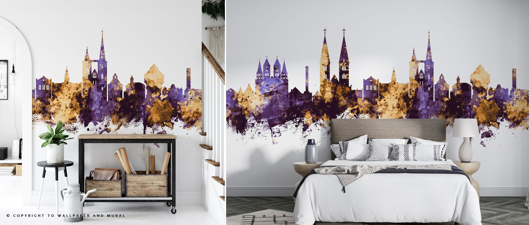Halberstadt Germany Skyline Purple & Gold Wallpaper spreads luminous charm with skyline shaded in radiant violet and gold painted across surfaces of balance. Bedrooms, offices, or living rooms glow with refined calm, enriched by metropolitan presence, tim