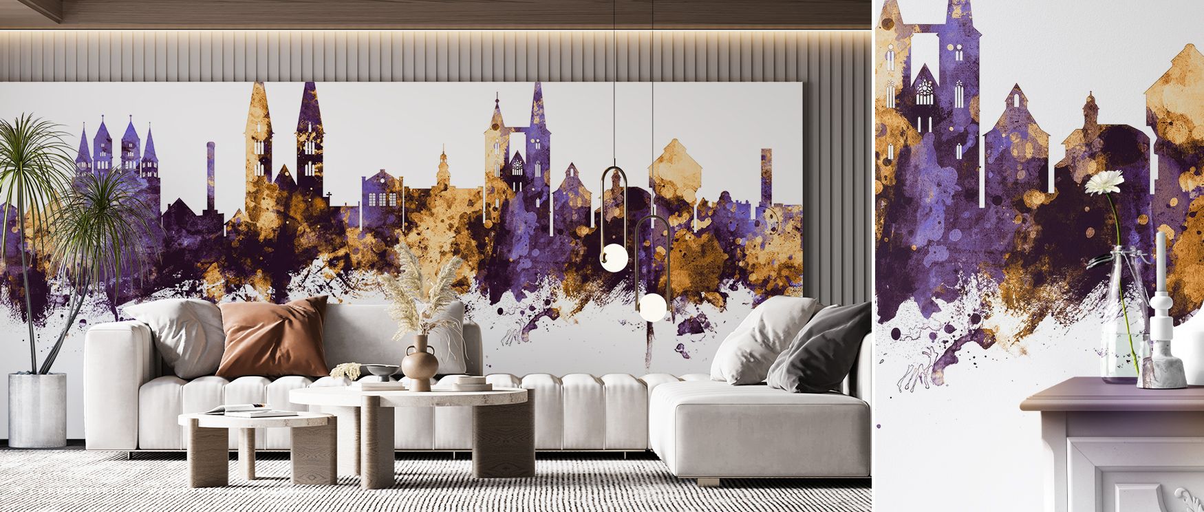 Halberstadt Germany Skyline Purple & Gold Wallpaper reflects metropolitan elegance with skyline motifs painted in violet and gold tones layered with rhythm. Living rooms, offices, or bedrooms glow with refined brilliance, enriched by timeless presence, lu