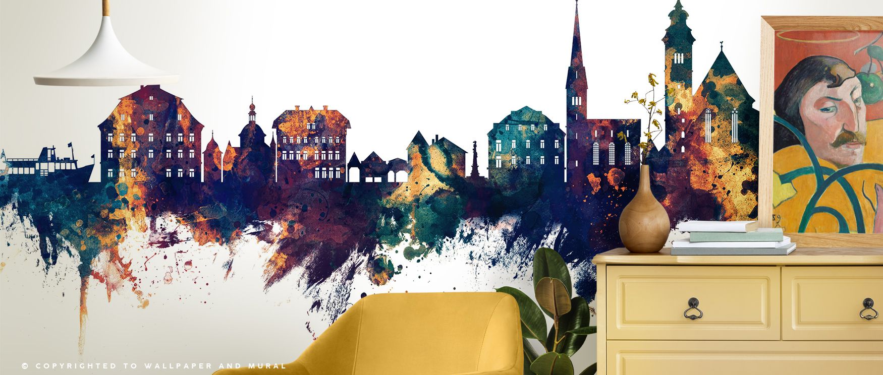 Hallstatt Austria Skyline Blue & Bronze Wallpaper highlights luminous presence with skyline motifs shaded in radiant blue and bronze painted with balance. Offices, living rooms, or bedrooms glow with refined calm, enriched by architectural artistry, lumin