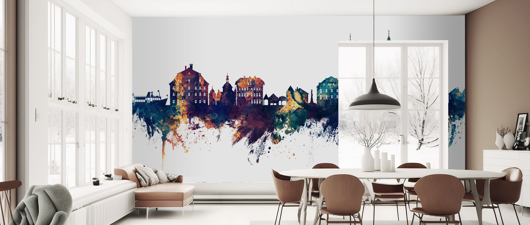 Hallstatt Austria Skyline Blue & Bronze Wallpaper enriches interiors with radiant compositions shaded in blue and bronze tones painted with charm. Living rooms, offices, or bedrooms glow with luminous calm, enriched by metropolitan presence, refined artis
