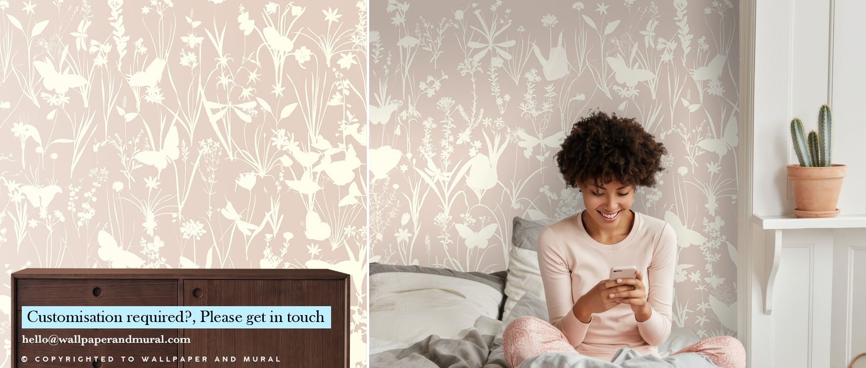 Herbals and Butterflies Double Silhouette Beige No Stain Wallpaper surrounds interiors with delicate artistry painted in beige silhouettes of butterflies and herbs. Bathrooms, bedrooms, or living rooms glow with refined brilliance, enriched by timeless ca